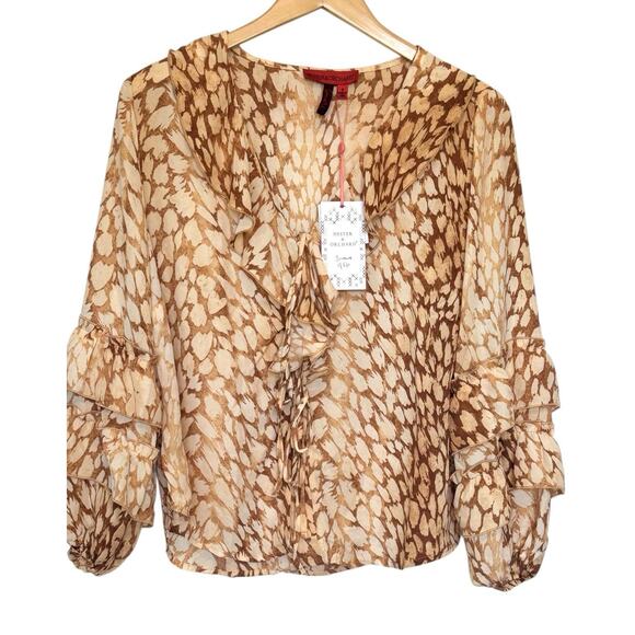 Hester & Orchard Tops - Hester & Orchard Blouse Womens Size Small Animal Print Brown Ruffled Peasant New
